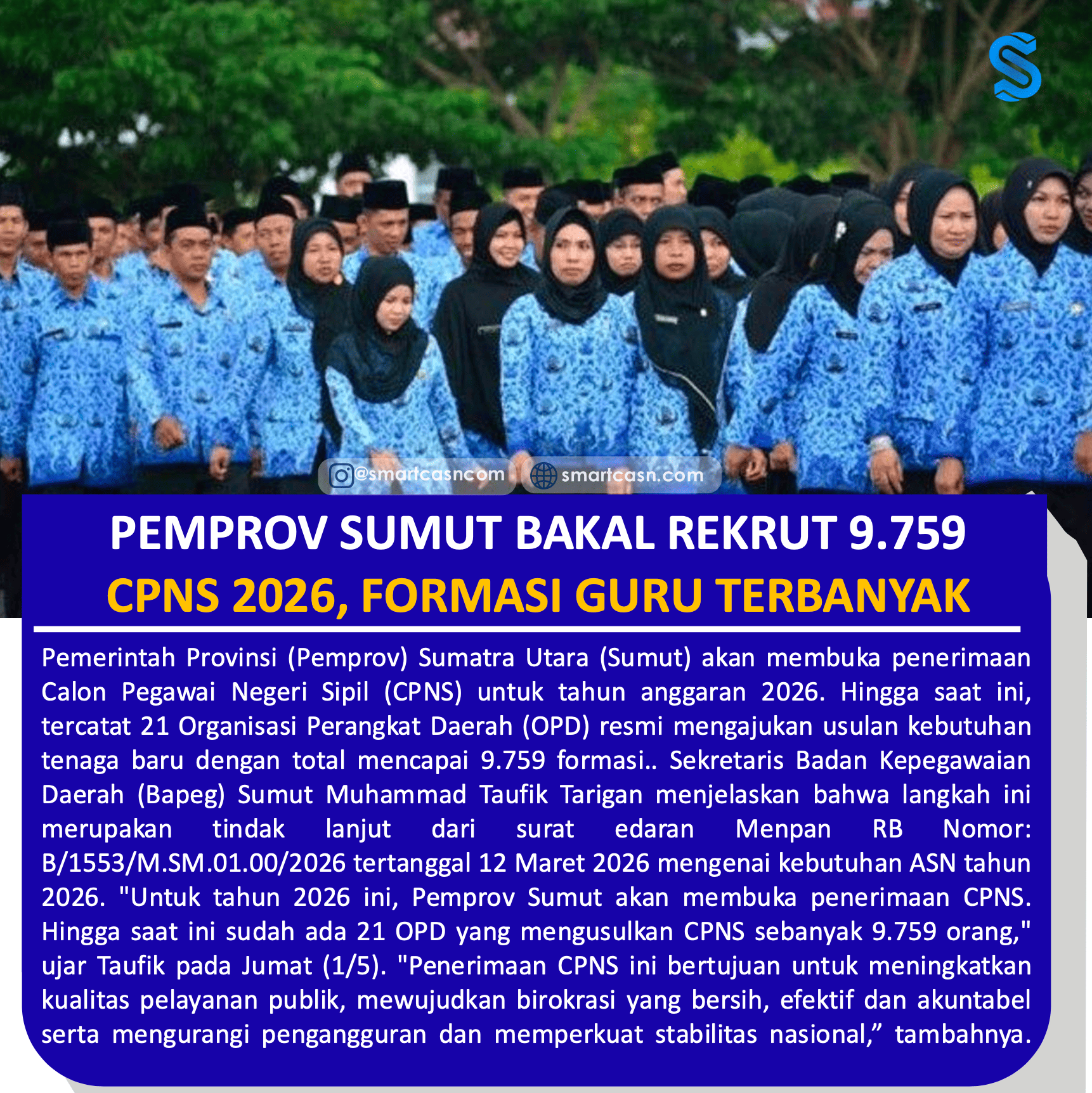 CPNS 2026 PEMPROV SUMUT SIAPKAN 9.759 FORMASI DIDOMINASI GURU
